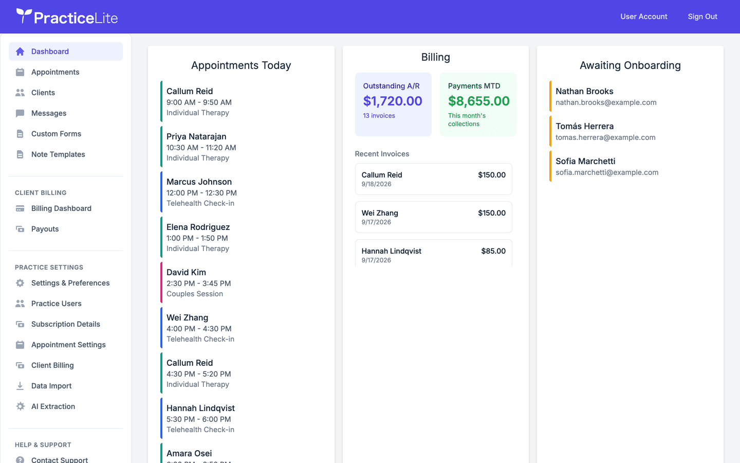 PracticeLite dashboard showing today’s appointments, billing summary, and clients awaiting onboarding