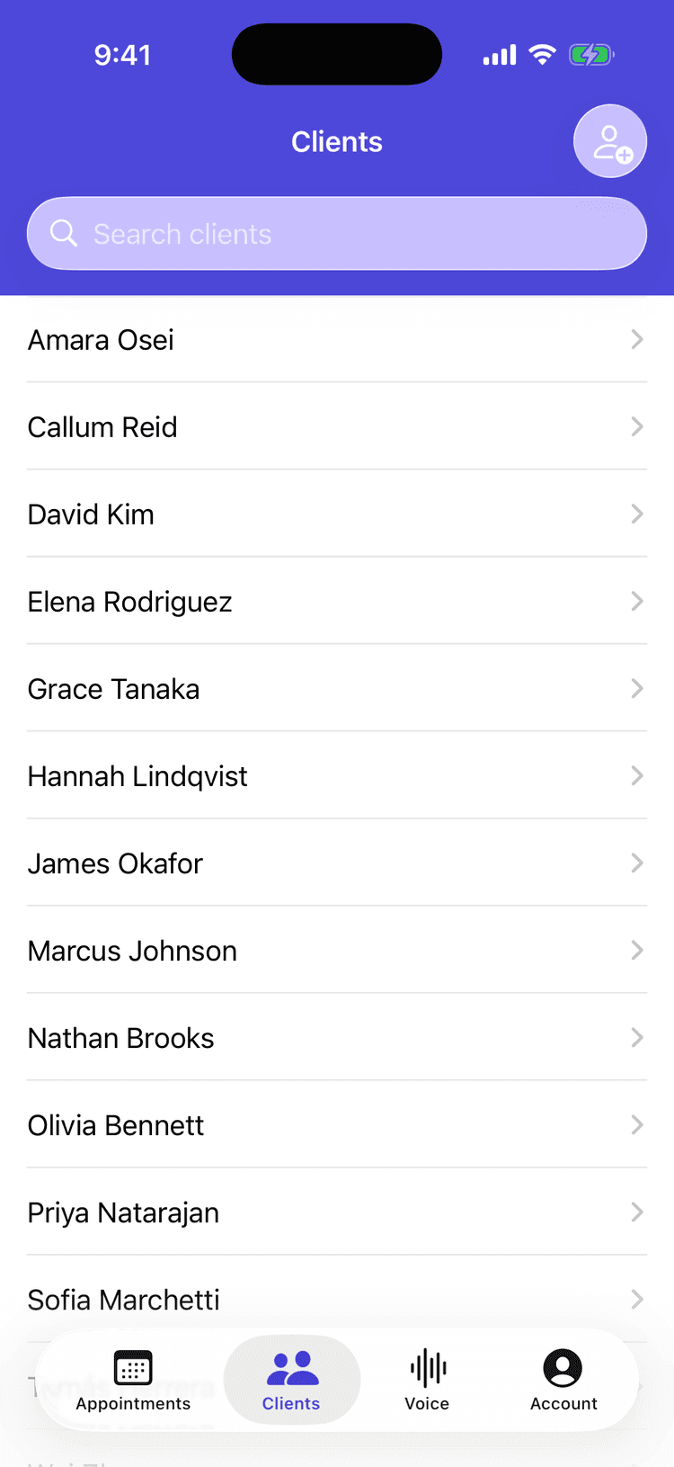 PracticeLite iPhone app showing the client list