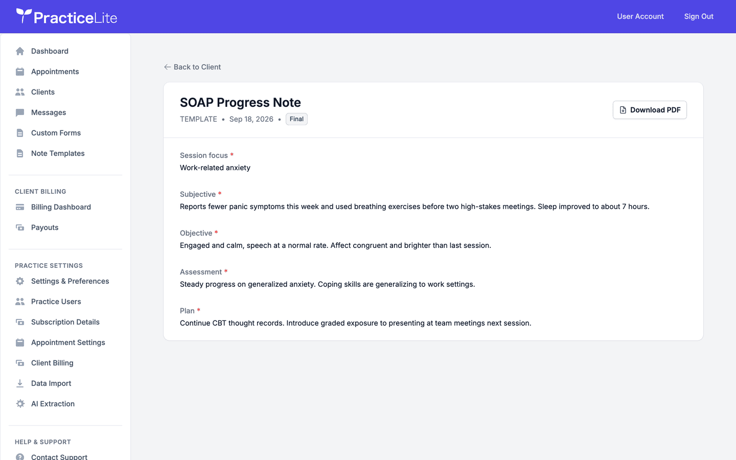 PracticeLite SOAP progress note